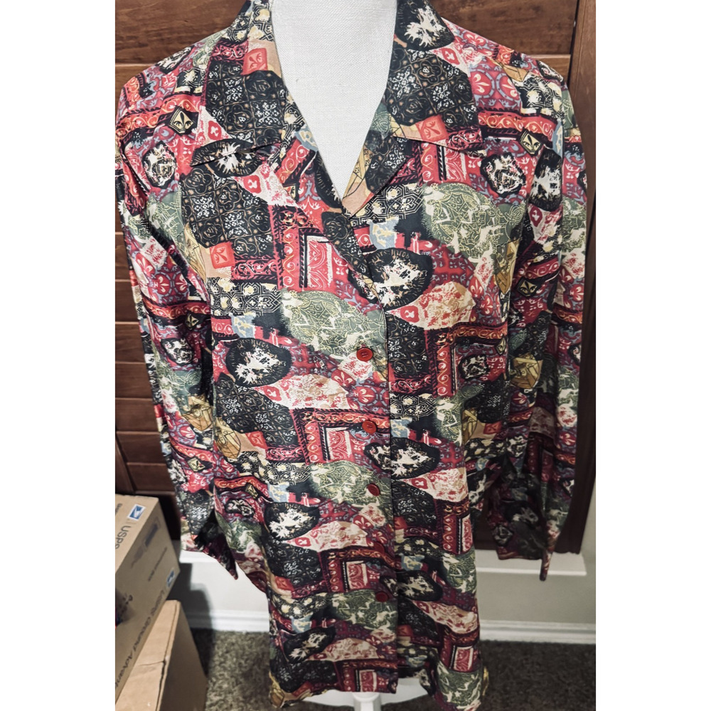 Vintage 90s Christie & Jill Womens Silk Blouse sz L Button-Up Long‎ Sleeve FLAW